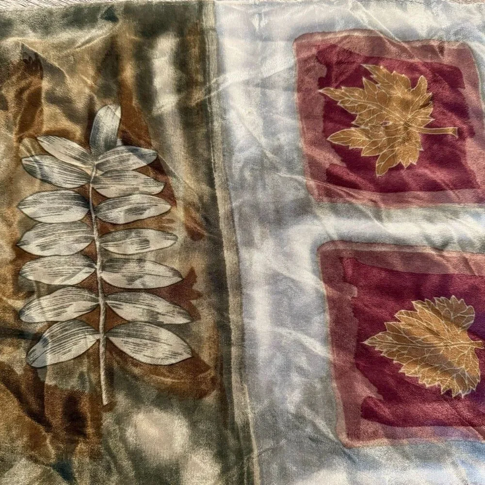 Vintage Silk Echo Scarf Leaf Leaves Burgundy Grey White Cream